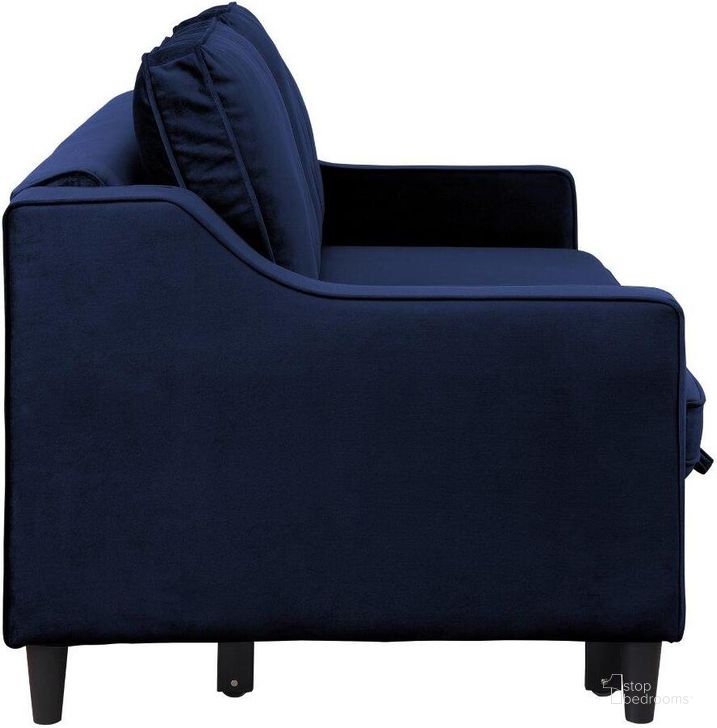The appearance of Adelia Navy Convertible Studio Sleeper With Pull Out Bed designed by Homelegance in the modern / contemporary interior design. This blue piece of furniture  was selected by 1StopBedrooms from Adelia Collection to add a touch of cosiness and style into your home. Sku: 9428NV-3CL. Product Type: Sofa. Material: Velvet. Image1