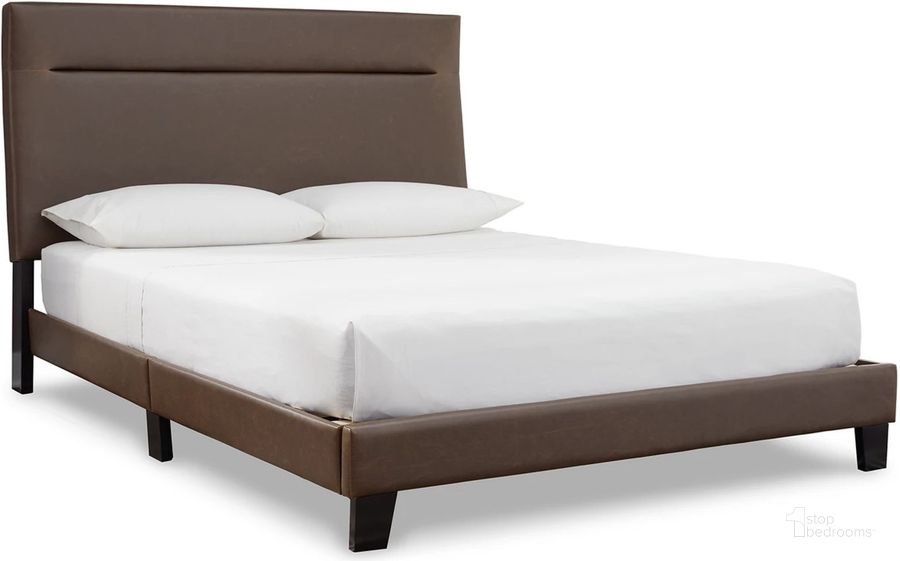 The appearance of Adelloni Brown King Upholstered Platform Bed designed by Signature Design by Ashley in the modern / contemporary interior design. This brown piece of furniture  was selected by 1StopBedrooms from Adelloni Collection to add a touch of cosiness and style into your home. Sku: B080-482. Bed Type: Platform Bed. Product Type: Platform Bed. Bed Size: King. Material: Leather Match. Image1