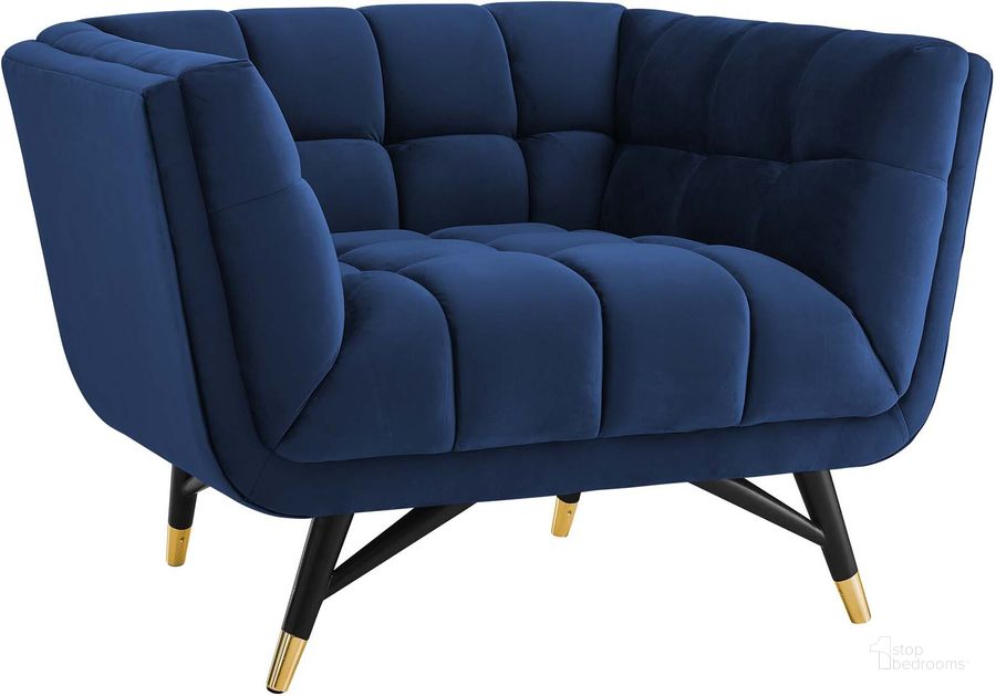 The appearance of Adept Midnight Blue Performance Velvet Arm Chair designed by Modway in the modern / contemporary interior design. This midnight blue piece of furniture  was selected by 1StopBedrooms from Adept Collection to add a touch of cosiness and style into your home. Sku: EEI-3060-MID. Material: Wood. Product Type: Living Room Chair. Image1
