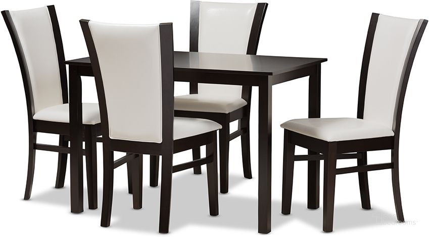 The appearance of Adley Modern And Contemporary 5-Piece Dark Brown Finished White Faux Leather Dining Set designed by Baxton Studio in the modern / contemporary interior design. This white and brown piece of furniture  was selected by 1StopBedrooms from Adley Collection to add a touch of cosiness and style into your home. Sku: RH5510C-Dark Brown/White Dining Set. Product Type: Dining Room Set. Material: Rubberwood. Image1