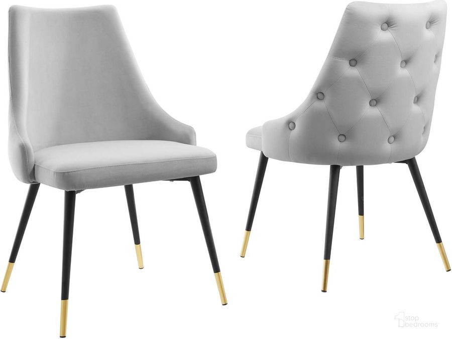 The appearance of Adorn Dining Side Chair Performance Velvet Set of 2 EEI-5043-LGR designed by Modway in the modern / contemporary interior design. This light gray piece of furniture  was selected by 1StopBedrooms from Adorn Collection to add a touch of cosiness and style into your home. Sku: EEI-5043-LGR. Product Type: Side Chair. Material: Plywood. Image1