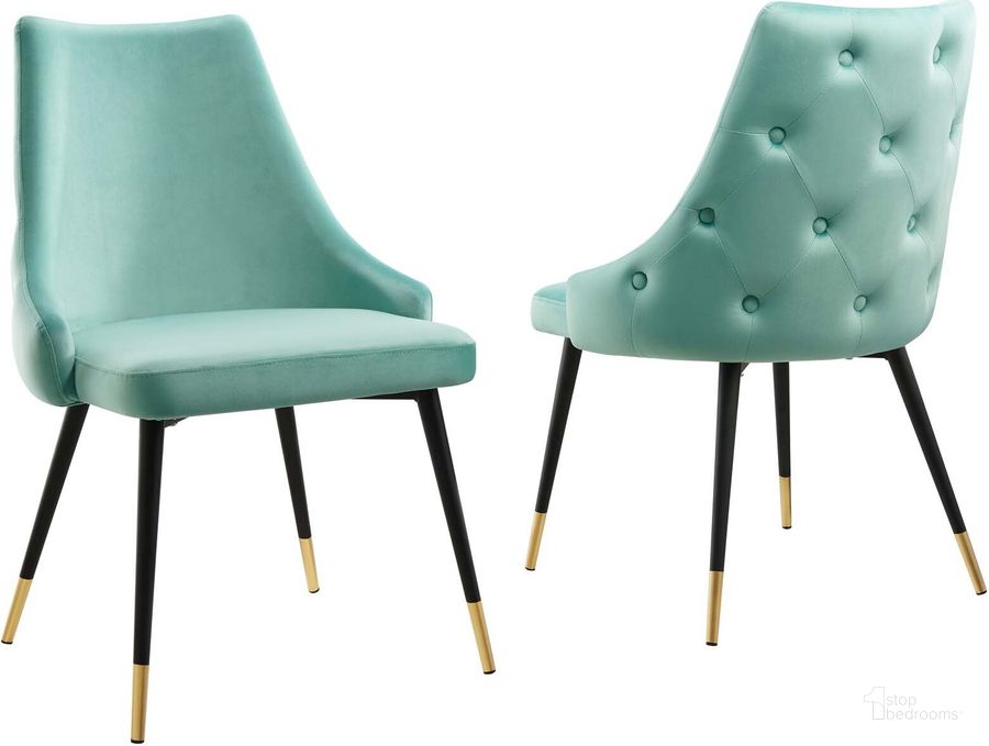 The appearance of Adorn Dining Side Chair Performance Velvet Set of 2 EEI-5043-MIN designed by Modway in the modern / contemporary interior design. This mint piece of furniture  was selected by 1StopBedrooms from Adorn Collection to add a touch of cosiness and style into your home. Sku: EEI-5043-MIN. Product Type: Side Chair. Material: Plywood. Image1