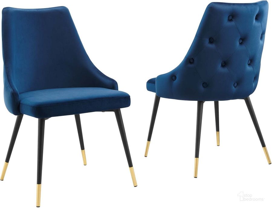 The appearance of Adorn Dining Side Chair Performance Velvet Set of 2 EEI-5043-NAV designed by Modway in the modern / contemporary interior design. This navy piece of furniture  was selected by 1StopBedrooms from Adorn Collection to add a touch of cosiness and style into your home. Sku: EEI-5043-NAV. Product Type: Side Chair. Material: Plywood. Image1