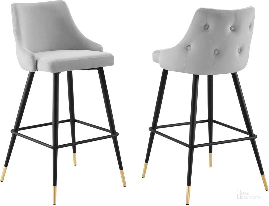 The appearance of Adorn Performance Velvet Bar Stool Set of 2 EEI-4595-LGR designed by Modway in the modern / contemporary interior design. This light gray piece of furniture  was selected by 1StopBedrooms from Adorn Collection to add a touch of cosiness and style into your home. Sku: EEI-4595-LGR. Product Type: Barstool. Material: Plywood. Image1