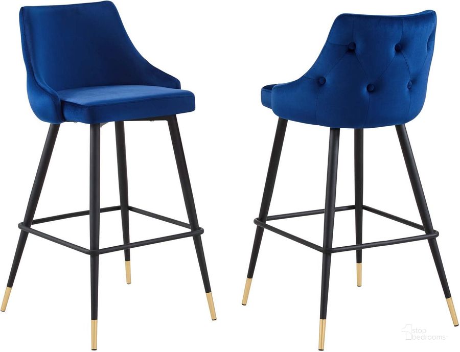 The appearance of Adorn Performance Velvet Bar Stool Set of 2 EEI-4595-NAV designed by Modway in the modern / contemporary interior design. This navy piece of furniture  was selected by 1StopBedrooms from Adorn Collection to add a touch of cosiness and style into your home. Sku: EEI-4595-NAV. Product Type: Barstool. Material: Plywood. Image1