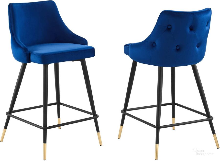 The appearance of Adorn Performance Velvet Counter Stool Set of 2 EEI-4594-NAV designed by Modway in the modern / contemporary interior design. This navy piece of furniture  was selected by 1StopBedrooms from Adorn Collection to add a touch of cosiness and style into your home. Sku: EEI-4594-NAV. Product Type: Barstool. Material: Plywood. Image1
