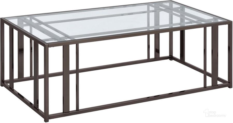 The appearance of Adri Rectangular Glass Top Coffee Table In Clear and Black Nickel designed by Coaster in the modern / contemporary interior design. This clear/black nickel piece of furniture  was selected by 1StopBedrooms from Adri Collection to add a touch of cosiness and style into your home. Sku: 708358. Material: Metal. Product Type: Coffee Table. Image1