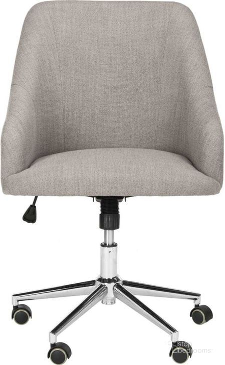 The appearance of Adrienne Grey Linen Chrome Leg Swivel Office Chair designed by Safavieh in the modern / contemporary interior design. This gray piece of furniture  was selected by 1StopBedrooms from Adrienne Collection to add a touch of cosiness and style into your home. Sku: OCH4501A. Product Type: Office Chair. Material: Iron. Image1