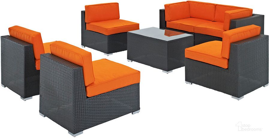The appearance of Aero 7-Piece Outdoor Patio Sectional Set In Espresso Orange designed by Modway in the  interior design. This espresso orange piece of furniture  was selected by 1StopBedrooms from Aero Collection to add a touch of cosiness and style into your home. Sku: EEI-695-EXP-ORA-SET. Material: Rattan. Product Type: Outdoor Sectional. Image1
