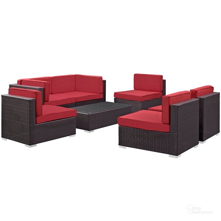 The appearance of Aero 7-Piece Outdoor Patio Sectional Set In Espresso Red designed by Modway in the  interior design. This espresso red piece of furniture  was selected by 1StopBedrooms from Aero Collection to add a touch of cosiness and style into your home. Sku: EEI-695-EXP-RED-SET. Material: Rattan. Product Type: Outdoor Sectional. Image1