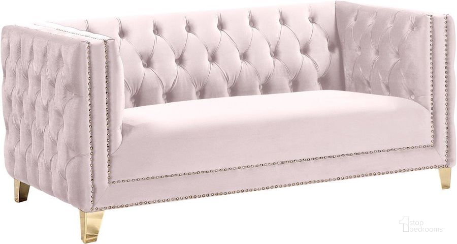 The appearance of Agassiz Pink Velvet Loveseat designed by Furnique in the modern / contemporary interior design. This pink velvet piece of furniture  was selected by 1StopBedrooms from Agassiz Collection to add a touch of cosiness and style into your home. Sku: 652Pink-L. Product Type: Loveseat. Material: Velvet. Image1