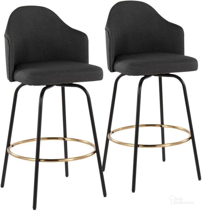 The appearance of Ahoy Fixed-Height Bar Stool Set of 2 with Black Metal Legs and Round Gold Metal Footrest with Charcoal Fabric Seat designed by Lumisource in the modern / contemporary interior design. This charcoal piece of furniture  was selected by 1StopBedrooms from Ahoy Collection to add a touch of cosiness and style into your home. Sku: B30-AHOYUP CLAIREG2 BKCHAR2. Material: Metal. Product Type: Barstool. Image1