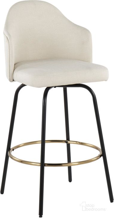 The appearance of Ahoy Fixed-Height Bar Stool Set of 2 with Black Metal Legs and Round Gold Metal Footrest with Cream Fabric Seat designed by Lumisource in the modern / contemporary interior design. This cream piece of furniture  was selected by 1StopBedrooms from Ahoy Collection to add a touch of cosiness and style into your home. Sku: B30-AHOYUP CLAIREG2 BKCR2. Material: Metal. Product Type: Barstool. Image1