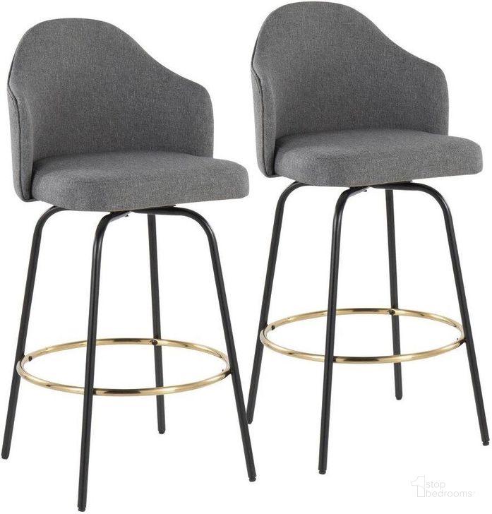 The appearance of Ahoy Fixed-Height Bar Stool Set of 2 with Black Metal Legs and Round Gold Metal Footrest with Grey Fabric Seat designed by Lumisource in the modern / contemporary interior design. This grey piece of furniture  was selected by 1StopBedrooms from Ahoy Collection to add a touch of cosiness and style into your home. Sku: B30-AHOYUP CLAIREG2 BKGY2. Material: Metal. Product Type: Barstool. Image1
