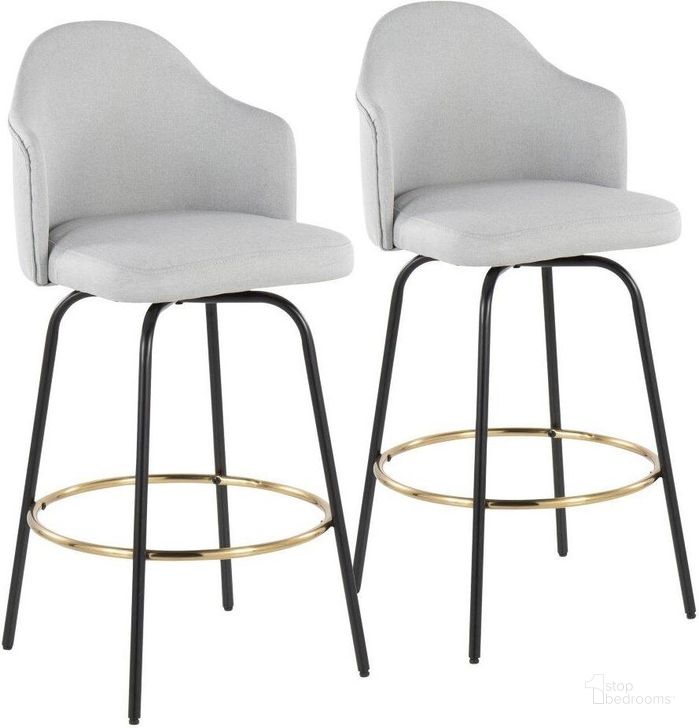 The appearance of Ahoy Fixed-Height Bar Stool Set of 2 with Black Metal Legs and Round Gold Metal Footrest with Light Grey Fabric Seat designed by Lumisource in the modern / contemporary interior design. This light grey piece of furniture  was selected by 1StopBedrooms from Ahoy Collection to add a touch of cosiness and style into your home. Sku: B30-AHOYUP CLAIREG2 BKLGY2. Material: Metal. Product Type: Barstool. Image1