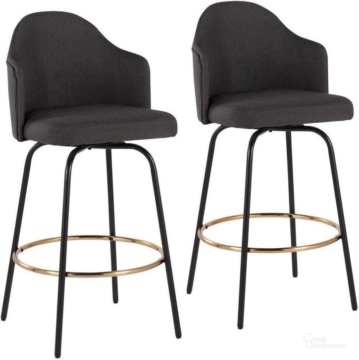 The appearance of Ahoy Fixed-Height Counter Stool Set of 2 with Black Metal Legs and Round Gold Metal Footrest with Charcoal Fabric Seat designed by Lumisource in the modern / contemporary interior design. This charcoal piece of furniture  was selected by 1StopBedrooms from Ahoy Collection to add a touch of cosiness and style into your home. Sku: B26-AHOYUP CLAIREG2 BKCHAR2. Material: Metal. Product Type: Barstool. Image1