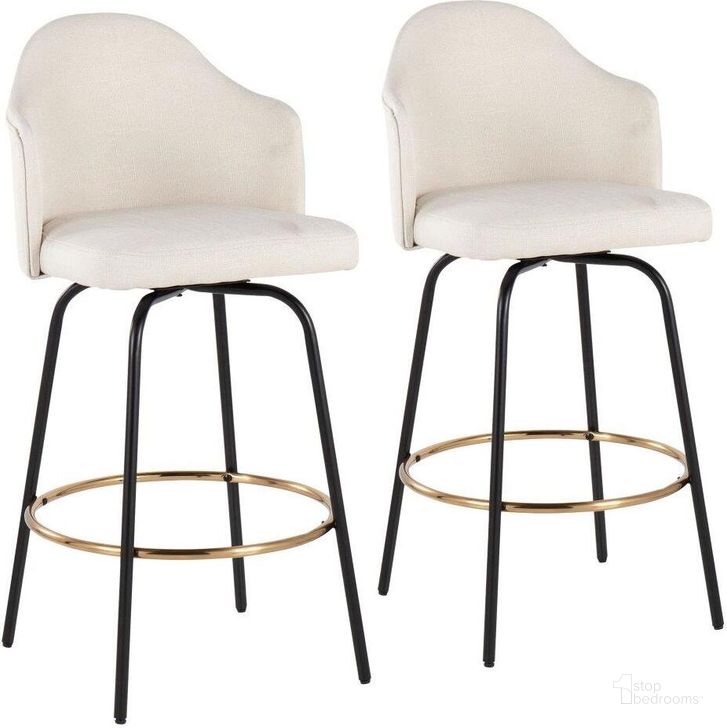 The appearance of Ahoy Fixed-Height Counter Stool Set of 2 with Black Metal Legs and Round Gold Metal Footrest with Cream Fabric Seat designed by Lumisource in the modern / contemporary interior design. This cream piece of furniture  was selected by 1StopBedrooms from Ahoy Collection to add a touch of cosiness and style into your home. Sku: B26-AHOYUP CLAIREG2 BKCR2. Material: Metal. Product Type: Barstool. Image1