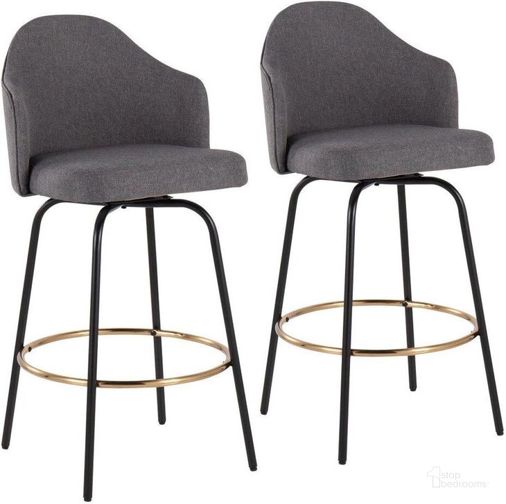 The appearance of Ahoy Fixed-Height Counter Stool Set of 2 with Black Metal Legs and Round Gold Metal Footrest with Grey Fabric Seat designed by Lumisource in the modern / contemporary interior design. This grey piece of furniture  was selected by 1StopBedrooms from Ahoy Collection to add a touch of cosiness and style into your home. Sku: B26-AHOYUP CLAIREG2 BKGY2. Material: Metal. Product Type: Barstool. Image1
