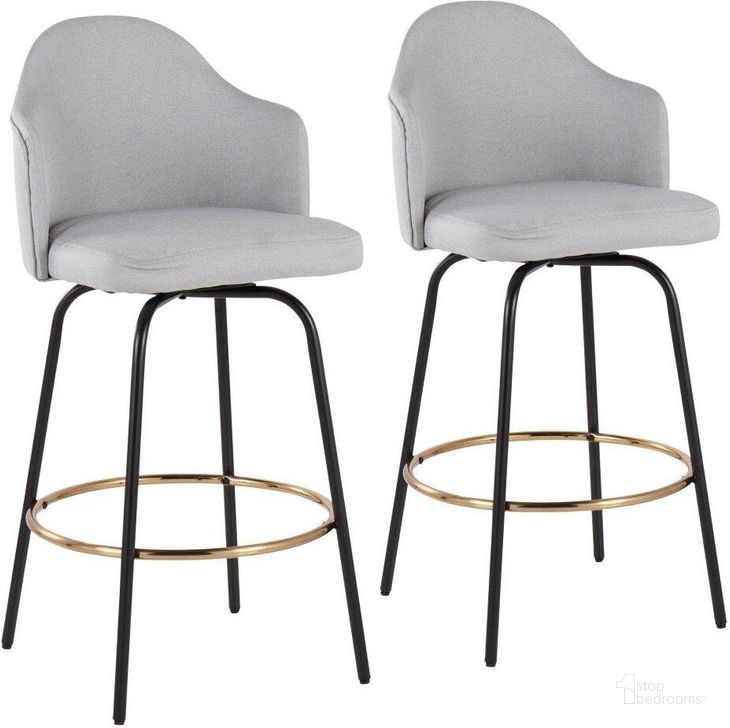 The appearance of Ahoy Fixed-Height Counter Stool Set of 2 with Black Metal Legs and Round Gold Metal Footrest with Light Grey Fabric Seat designed by Lumisource in the modern / contemporary interior design. This light grey piece of furniture  was selected by 1StopBedrooms from Ahoy Collection to add a touch of cosiness and style into your home. Sku: B26-AHOYUP CLAIREG2 BKLGY2. Material: Metal. Product Type: Barstool. Image1