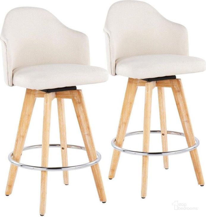 The appearance of Ahoy Fixed-Height Counter Stool Set of 2 with Natural Bamboo Legs and Round Chrome Metal Footrest with Cream Fabric Seat designed by Lumisource in the modern / contemporary interior design. This cream piece of furniture  was selected by 1StopBedrooms from Ahoy Collection to add a touch of cosiness and style into your home. Sku: B26-AHOYUP2-R NACR2. Material: Metal. Product Type: Barstool. Image1