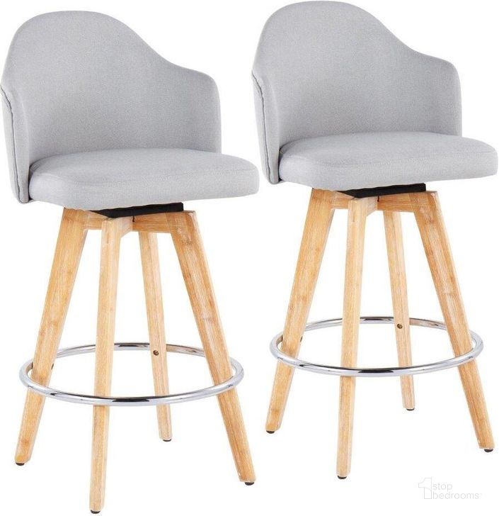 The appearance of Ahoy Fixed-Height Counter Stool Set of 2 with Natural Bamboo Legs and Round Chrome Metal Footrest with Light Grey Fabric Seat designed by Lumisource in the modern / contemporary interior design. This light grey piece of furniture  was selected by 1StopBedrooms from Ahoy Collection to add a touch of cosiness and style into your home. Sku: B26-AHOYUP2-R NALGY2. Material: Metal. Product Type: Barstool. Image1