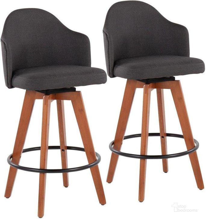 The appearance of Ahoy Fixed-Height Counter Stool Set of 2 with Walnut Bamboo Legs and Round Black Metal Footrest with Charcoal Fabric Seat designed by Lumisource in the modern / contemporary interior design. This charcoal piece of furniture  was selected by 1StopBedrooms from Ahoy Collection to add a touch of cosiness and style into your home. Sku: B26-AHOYUP2-Q WLCHAR2. Material: Metal. Product Type: Barstool. Image1