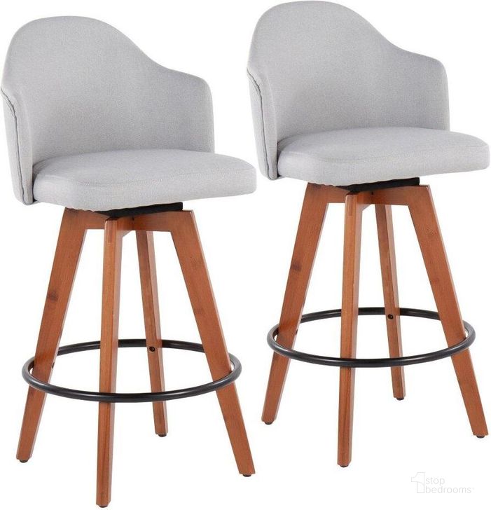The appearance of Ahoy Fixed-Height Counter Stool Set of 2 with Walnut Bamboo Legs and Round Black Metal Footrest with Light Grey Fabric Seat designed by Lumisource in the modern / contemporary interior design. This light grey piece of furniture  was selected by 1StopBedrooms from Ahoy Collection to add a touch of cosiness and style into your home. Sku: B26-AHOYUP2-Q WLLGY2. Material: Metal. Product Type: Barstool. Image1