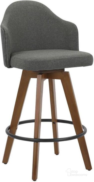 The appearance of Ahoy Mid-Century Counter Stool In Walnut And Grey Fabric designed by Lumisource in the transitional interior design. This dark gray piece of furniture  was selected by 1StopBedrooms from Ahoy Collection to add a touch of cosiness and style into your home. Sku: B26-AHOYUP WLGY. Product Type: Barstool. Material: Bamboo. Image1