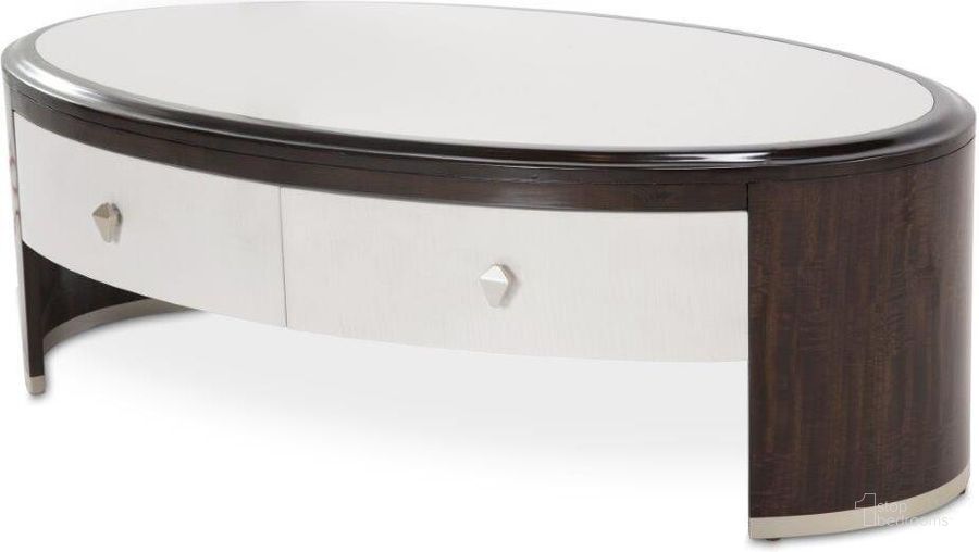 The appearance of Paris Chic Oval Cocktail Table In Espresso designed by AICO in the transitional interior design. This espresso piece of furniture  was selected by 1StopBedrooms from Paris Chic Collection to add a touch of cosiness and style into your home. Sku: N9003201-409. Material: Marble. Product Type: Cocktail Table. Image1
