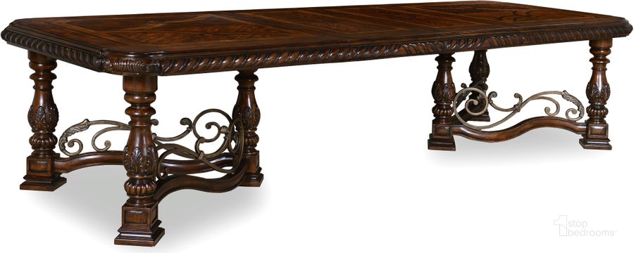 The appearance of Aime Brown Dining Table 0qb2208371 designed by Versailles Home in the traditional interior design. This brown piece of furniture  was selected by 1StopBedrooms from Aime Collection to add a touch of cosiness and style into your home. Sku: 209221-2304TP;209221-2304BS. Table Base Style: Trestle. Material: Wood. Product Type: Dining Table. Table Top Shape: Rectangular. Size: 130". Image1