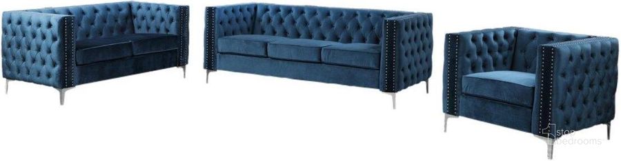The appearance of Aineias 3 Piece Fabric Sofa Loveseat And Chair Set In Navy designed by Best Master Furniture in the transitional interior design. This navy piece of furniture  was selected by 1StopBedrooms from Aineias Collection to add a touch of cosiness and style into your home. Sku: F004N3SET-5;F004N3SET-1;F004N3SET-6;F004N3SET-4;F004N3SET-3;F004N3SET-2;F004N3SET-7. Material: Fabric. Product Type: Sofa. Image1