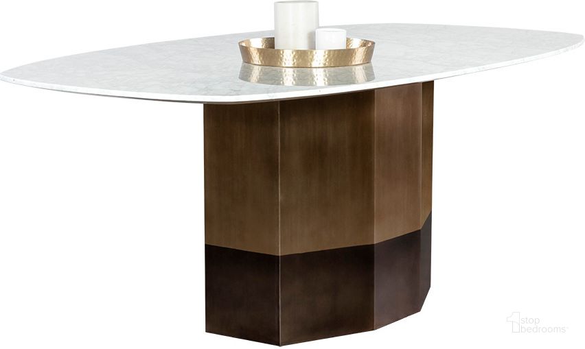 The appearance of Ainsley 78.75 Inch Dining Table designed by Sunpan in the modern / contemporary interior design. This bronze piece of furniture  was selected by 1StopBedrooms from Ainsley Collection to add a touch of cosiness and style into your home. Sku: 108041. Table Base Style: Pedestal. Table Top Shape: Oval. Material: Marble. Product Type: Dining Table. Size: 79". Image1