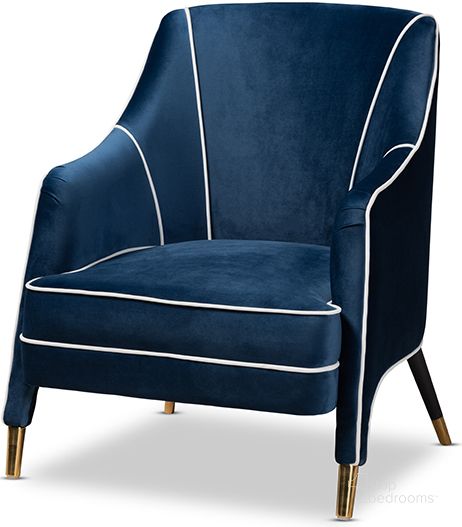 The appearance of Ainslie Glam And Luxe Navy Blue Velvet Fabric Upholstered Gold Finished Armchair designed by Baxton Studio in the glam interior design. This navy blue piece of furniture  was selected by 1StopBedrooms from Ainslie Collection to add a touch of cosiness and style into your home. Sku: TSF-6634-Navy/Gold-CC. Material: Wood. Product Type: Arm Chair. Image1