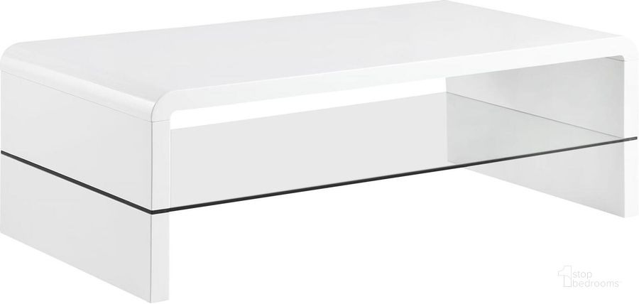 The appearance of Airell Rectangular Coffee Table with Glass Shelf In White High Gloss designed by Coaster in the modern / contemporary interior design. This white high gloss piece of furniture  was selected by 1StopBedrooms from Airell Collection to add a touch of cosiness and style into your home. Sku: 703798. Material: Wood. Product Type: Coffee Table. Image1
