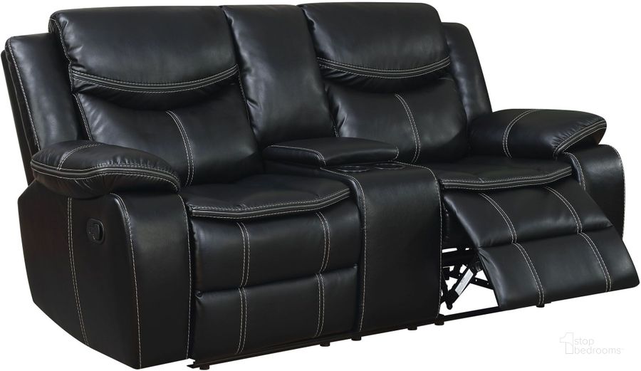 The appearance of Aix Provence Black Reclining Loveseat 0qd2202107 designed by Isaac Tahari in the transitional interior design. This black piece of furniture  was selected by 1StopBedrooms from Aix Provence Collection to add a touch of cosiness and style into your home. Sku: CM6981-LV-CT. Product Type: Reclining Loveseat. Material: Vinyl. Image1