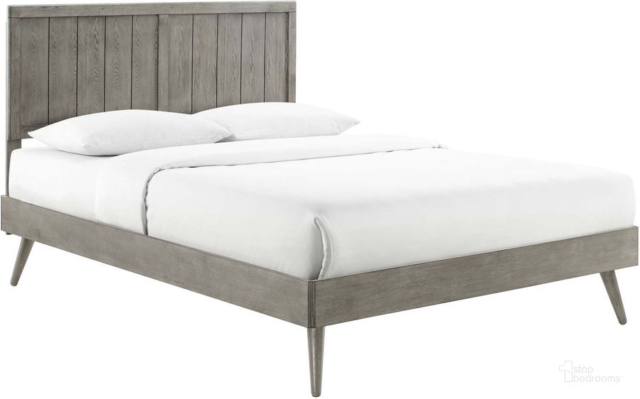 The appearance of Alana Queen Wood Platform Bed With Splayed Legs MOD-6379-GRY designed by Modway in the modern / contemporary interior design. This gray piece of furniture  was selected by 1StopBedrooms from Alana Collection to add a touch of cosiness and style into your home. Sku: MOD-6379-GRY. Bed Type: Platform Bed. Material: Wood. Product Type: Platform Bed. Bed Size: Queen. Image1