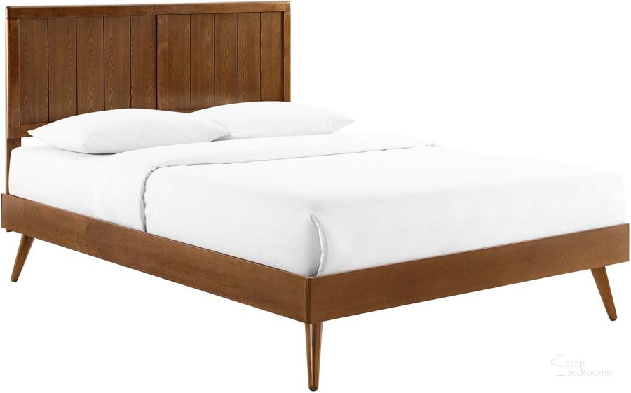 The appearance of Alana Queen Wood Platform Bed With Splayed Legs MOD-6379-WAL designed by Modway in the modern / contemporary interior design. This walnut piece of furniture  was selected by 1StopBedrooms from Alana Collection to add a touch of cosiness and style into your home. Sku: MOD-6379-WAL. Bed Type: Platform Bed. Material: Wood. Product Type: Platform Bed. Bed Size: Queen. Image1