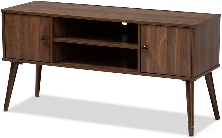 The appearance of Alard Mid-Century Modern Walnut Brown Finished 2-Door Wood Tv Stand designed by Baxton Studio in the modern / contemporary interior design. This walnut piece of furniture  was selected by 1StopBedrooms from Alard Collection to add a touch of cosiness and style into your home. Sku: TV8002-Columbia Walnut-TV. Product Type: TV Stand. Material: Rubberwood. Image1
