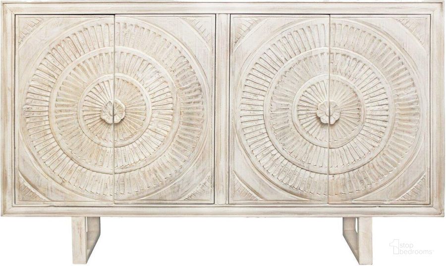 The appearance of Albert 4 Hand Carved Door Cabinet In Distressed White designed by Moti in the transitional interior design. This distressed white piece of furniture  was selected by 1StopBedrooms from Albert Collection to add a touch of cosiness and style into your home. Sku: 36009006. Material: Wood. Product Type: Cabinet. Image1