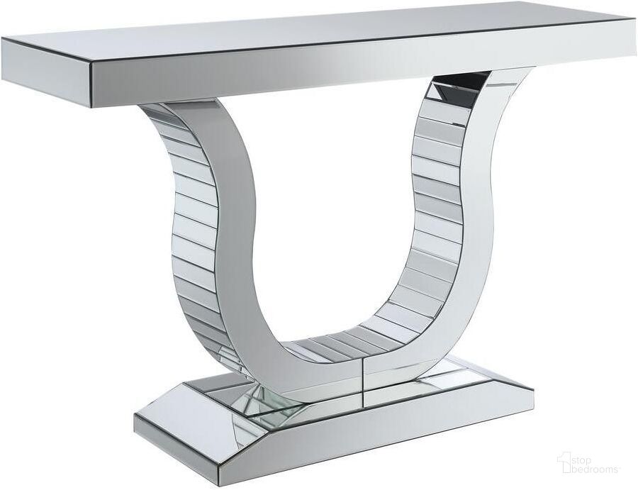 The appearance of Alcanoe Silver Console Table 0qd2316075 designed by Luxury Loft in the modern / contemporary interior design. This silver piece of furniture  was selected by 1StopBedrooms from Alcanoe Collection to add a touch of cosiness and style into your home. Sku: 930010B1;930010B2. Material: Glass. Product Type: Console Table. Table Top Shape: Rectangular. Image1