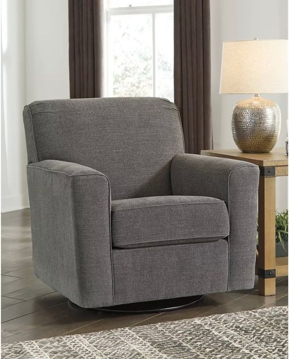The appearance of Alcona Charcoal Swivel Glider Accent Chair designed by Signature Design by Ashley in the transitional interior design. This charcoal piece of furniture  was selected by 1StopBedrooms from Alcona Collection to add a touch of cosiness and style into your home. Sku: 9831042. Material: Fabric. Product Type: Accent Chair. Image1