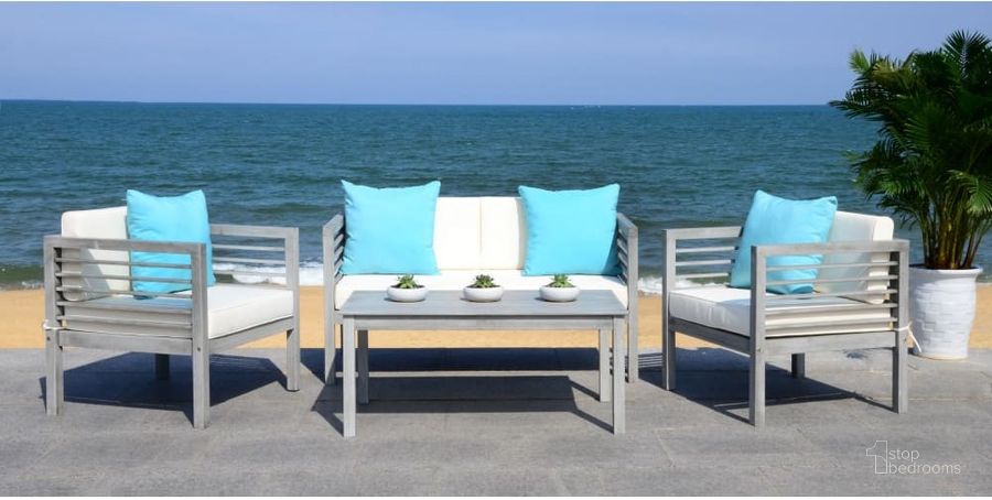 The appearance of Alda Grey Wash, White and Light Blue 4-Piece Outdoor Set with Accent Pillows designed by Safavieh in the modern / contemporary interior design. This blue and grey piece of furniture  was selected by 1StopBedrooms from Alda Collection to add a touch of cosiness and style into your home. Sku: PAT7033B. Material: Steel. Product Type: Outdoor Conversation Set. Image1