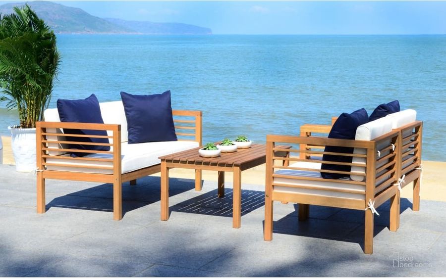 The appearance of Alda Teak, White and Navy 4-Piece Outdoor Set with Accent Pillows designed by Safavieh in the modern / contemporary interior design. This natural piece of furniture  was selected by 1StopBedrooms from Alda Collection to add a touch of cosiness and style into your home. Sku: PAT7033A. Material: Steel. Product Type: Outdoor Conversation Set. Image1