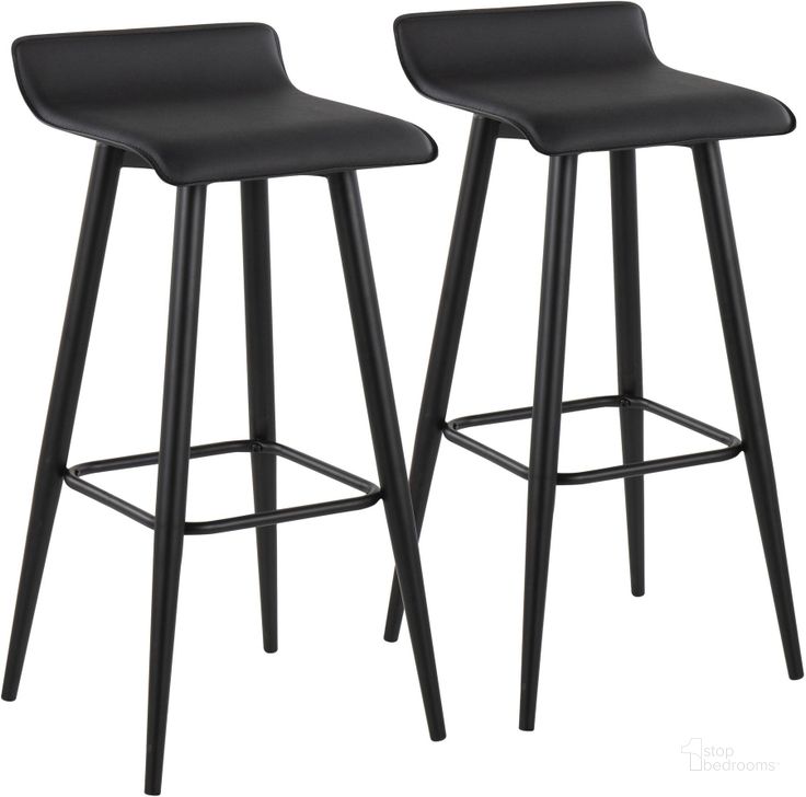 The appearance of Ale Fixed-Height Bar Stool Set of 2 in Black Steel and Black Faux Leather designed by Lumisource in the modern / contemporary interior design. This black piece of furniture  was selected by 1StopBedrooms from Ale Collection to add a touch of cosiness and style into your home. Sku: B30-ALE BKBK2. Material: Steel. Product Type: Barstool. Image1