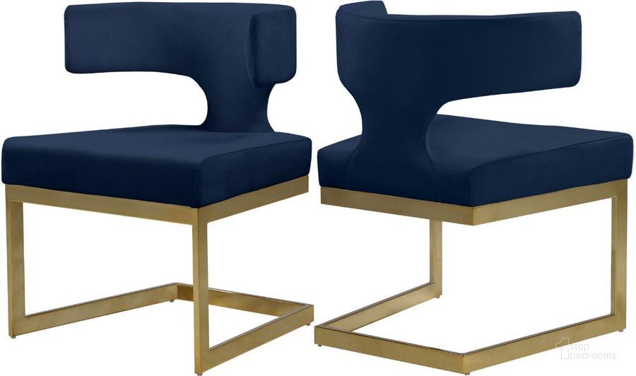 The appearance of Alexandra Navy Velvet Dining Chair 953Navy-C designed by Meridian in the modern / contemporary interior design. This navy velvet piece of furniture  was selected by 1StopBedrooms from Alexandra Collection to add a touch of cosiness and style into your home. Sku: 953Navy-C. Product Type: Dining Chair. Material: Velvet. Image1