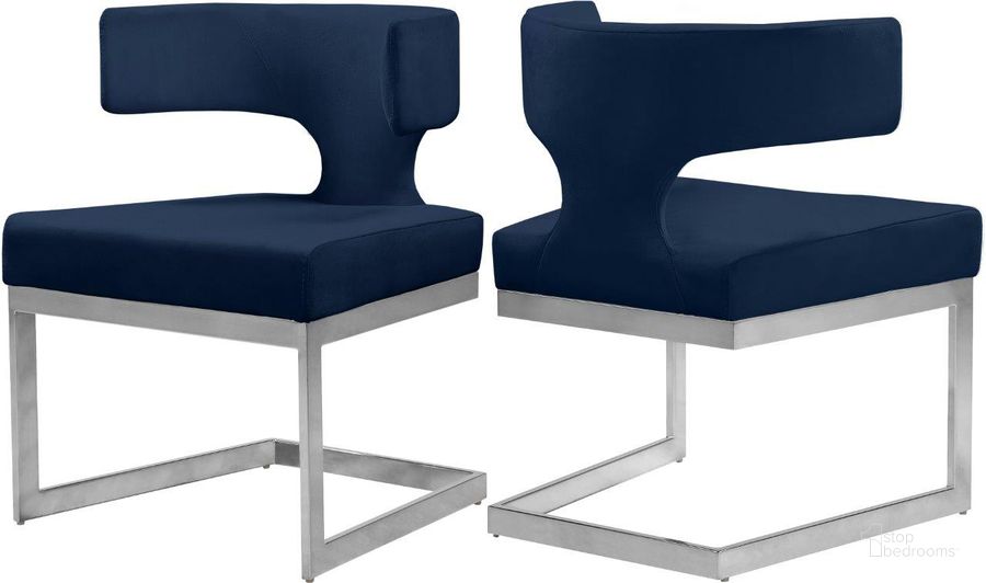 The appearance of Alexandra Navy Velvet Dining Chair 954Navy-C designed by Meridian in the modern / contemporary interior design. This navy velvet piece of furniture  was selected by 1StopBedrooms from Alexandra Collection to add a touch of cosiness and style into your home. Sku: 954Navy-C. Product Type: Dining Chair. Material: Velvet. Image1