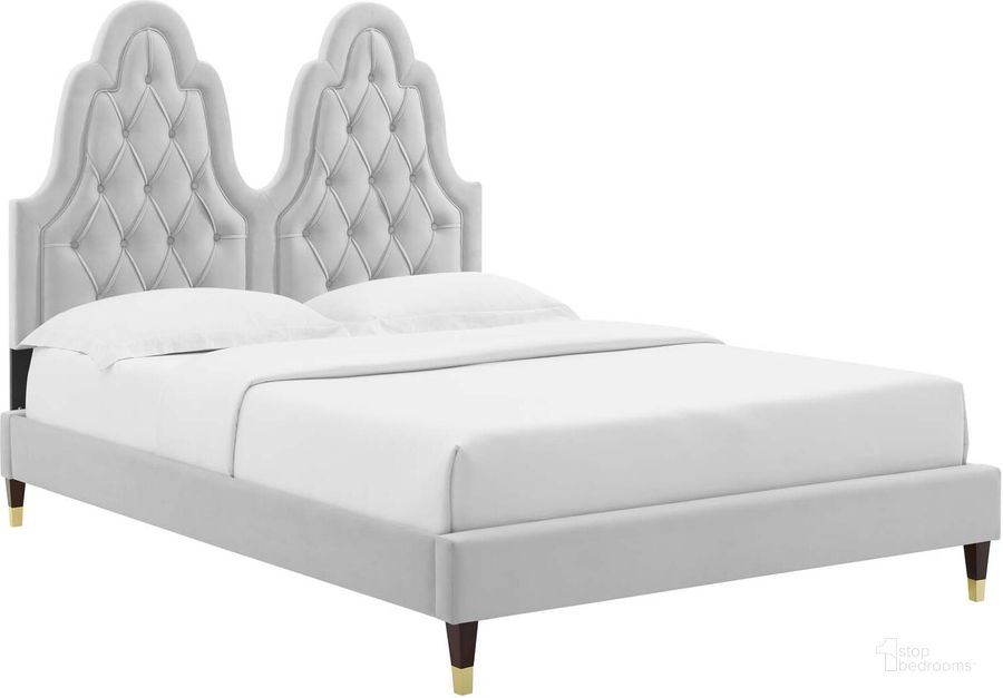 The appearance of Alexandria Tufted Performance Velvet Full Platform Bed MOD-6935-LGR designed by Modway in the modern / contemporary interior design. This light gray piece of furniture  was selected by 1StopBedrooms from Alexandria Collection to add a touch of cosiness and style into your home. Sku: MOD-6935-LGR. Bed Type: Platform Bed. Product Type: Platform Bed. Bed Size: Full. Material: MDF. Image1