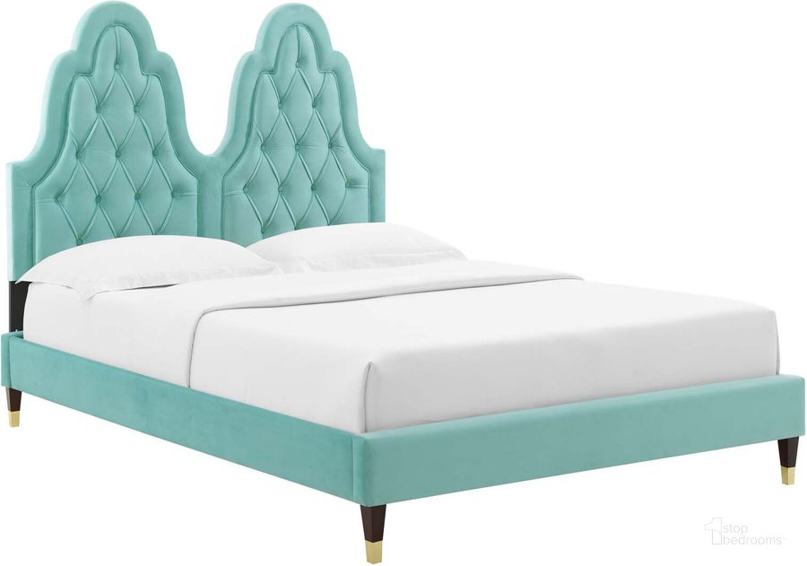 The appearance of Alexandria Tufted Performance Velvet Full Platform Bed MOD-6935-MIN designed by Modway in the modern / contemporary interior design. This mint piece of furniture  was selected by 1StopBedrooms from Alexandria Collection to add a touch of cosiness and style into your home. Sku: MOD-6935-MIN. Bed Type: Platform Bed. Product Type: Platform Bed. Bed Size: Full. Material: MDF. Image1