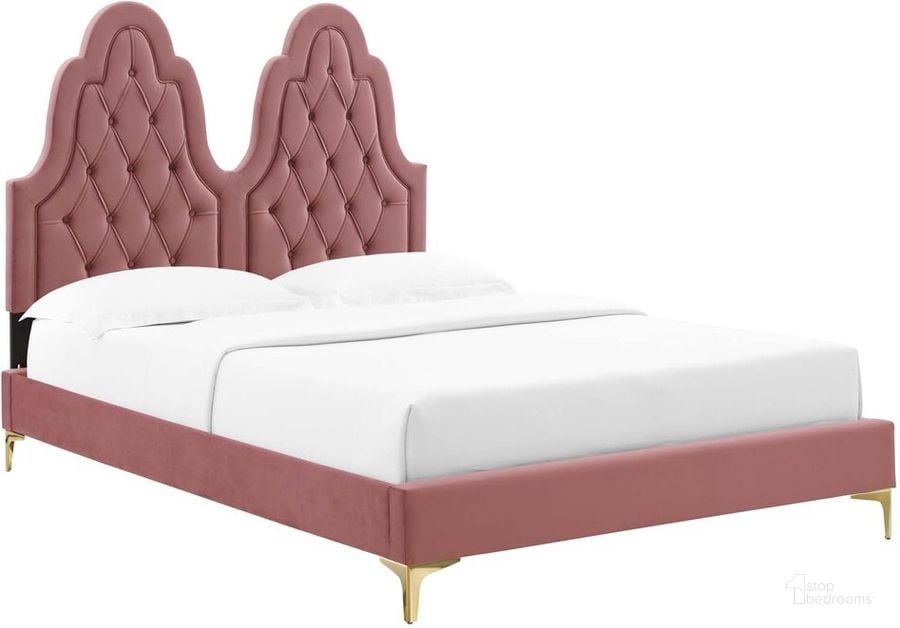 The appearance of Alexandria Tufted Performance Velvet King Platform Bed In Dusty Rose designed by Modway in the modern / contemporary interior design. This dusty rose piece of furniture  was selected by 1StopBedrooms from Alexandria Collection to add a touch of cosiness and style into your home. Sku: MOD-6937-DUS. Bed Type: Platform Bed. Product Type: Platform Bed. Bed Size: King. Material: MDF. Image1