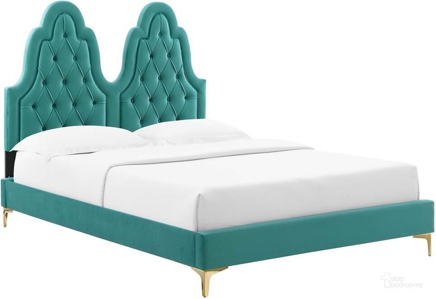 The appearance of Alexandria Tufted Performance Velvet King Platform Bed In Teal designed by Modway in the modern / contemporary interior design. This teal piece of furniture  was selected by 1StopBedrooms from Alexandria Collection to add a touch of cosiness and style into your home. Sku: MOD-6937-TEA. Bed Type: Platform Bed. Product Type: Platform Bed. Bed Size: King. Material: MDF. Image1